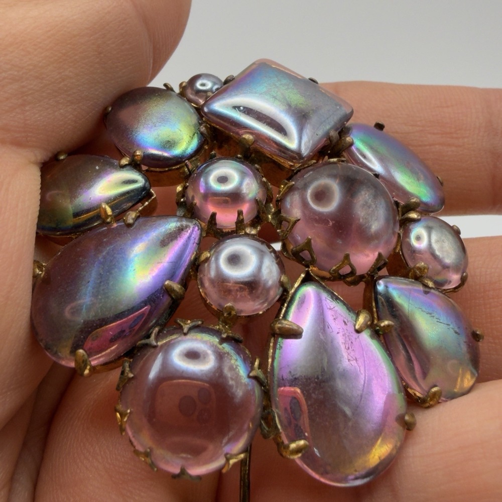 Vtg Pink AB Cabochon Brooch Cupcake Setting Open Back Iridescent Glass Stones